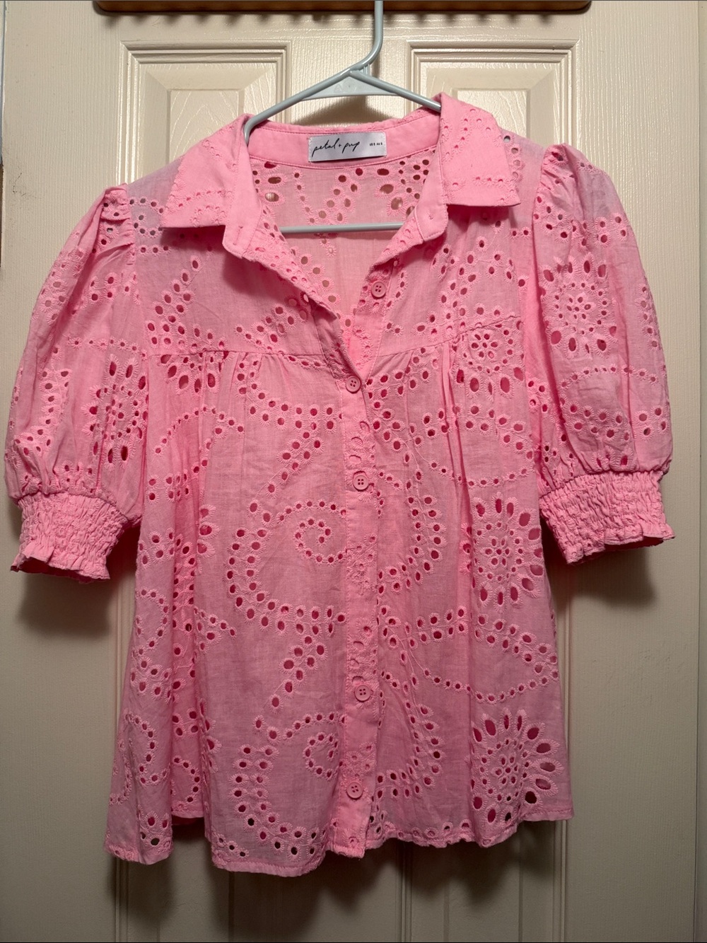 Petal & Pup Pink Eyelet Button-Down Puff Sleeve Top